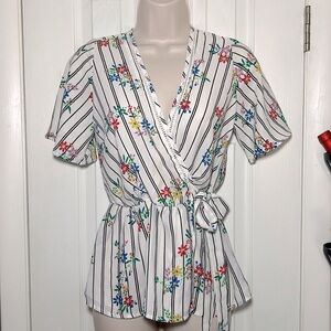 Sienna Sky White Striped Floral Faux Wrap Top size XS